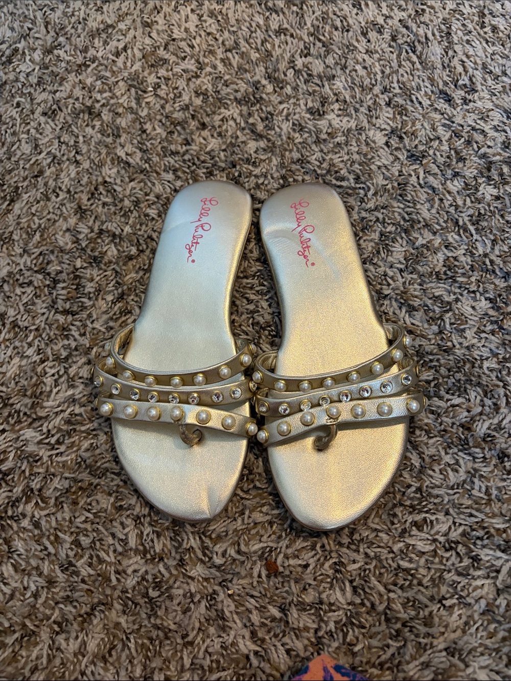 Lilly Pulitzer Gold Pearl-Trim Slide Sandals